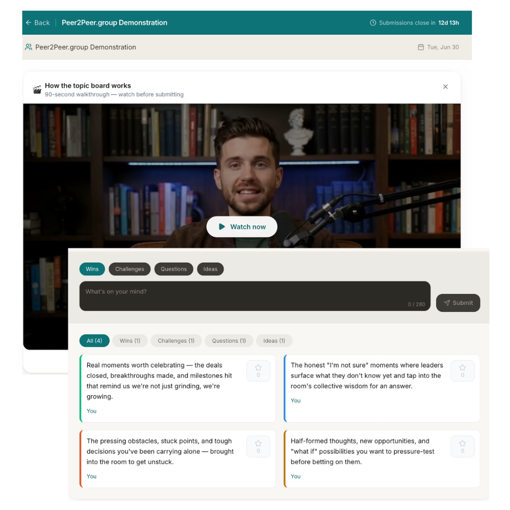 Screenshot: Topic Board with submitted topics in four categories and a countdown timer